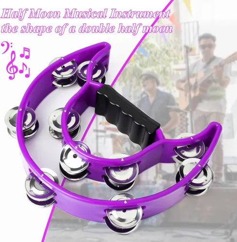 Vista 3 de Pandereta de doble fila de metal Jingles Instrumentos musicales de media luna, tamborinas, instrumento musical para adultos de percusión de mano