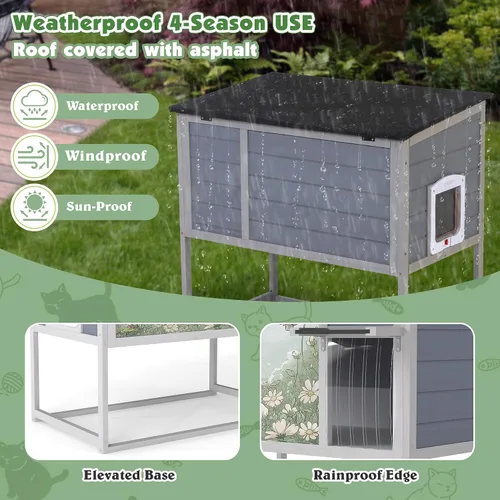 Vista 7 de Casa de madera elevada para gatos al aire libre, recinto resistente a la intemperie para gatos con techo que se abre, puerta cortada y puerta