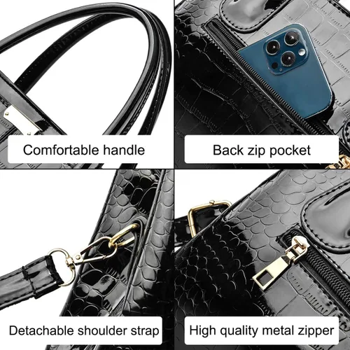 Vista 6 de XingChen Bolso de mano y bolso para mujer, de charol, diseño de cocodrilo, con asa superior, cartera