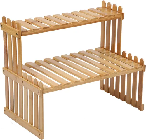 Vista 7 de Estante de plantas de bambú de 2 niveles de 14.6"/10.8"/18.5"/22.8", soporte para macetas de flores de escritorio, estante de escritorio ajustable