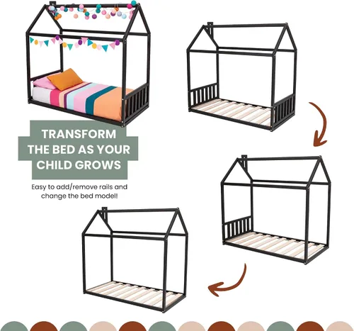 Vista 2 de Casa de la cama de los niños con rieles, Montessori cama de piso para niños pequeños, marco de cama en forma de casa Kds, marco de cama Montessori