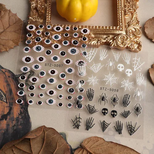 Vista 6 de Calcomanías de uñas 5D para Halloween, cabeza de calabaza, suministros de arte de uñas para decoración de uñas (Halloween A)
