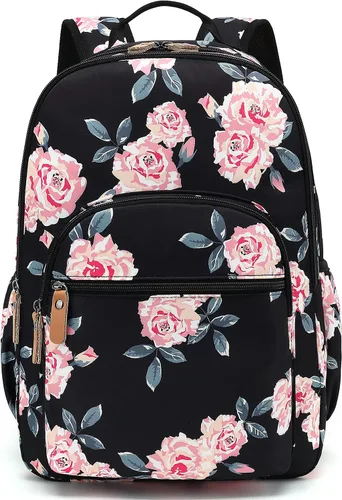 Vista 31 de Leaper Mochila para laptop para mujer: linda mochila floral para escuela, universidad, viajes, trabajo, mochila ligera para niños, Negro margarita