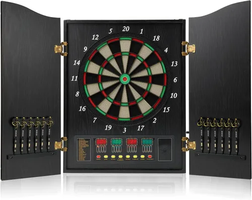 Vista 8 de Dart Board, Decorative Dart Board Cabinet Set [12*Soft Tip Darts], Electronic Dart Board - Wooden Cabinet Doors with Integrated Scoreboard for