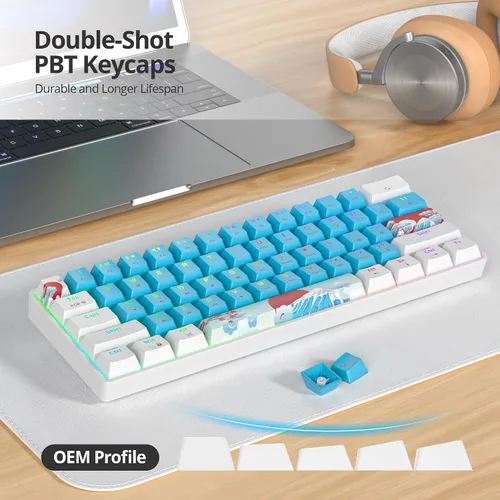 Vista 3 de Teclado mecánico 60% Teclado compacto 60% para juegos, retroiluminación RGB, 61 teclas, cable USB para PC portátil con Windows Mac