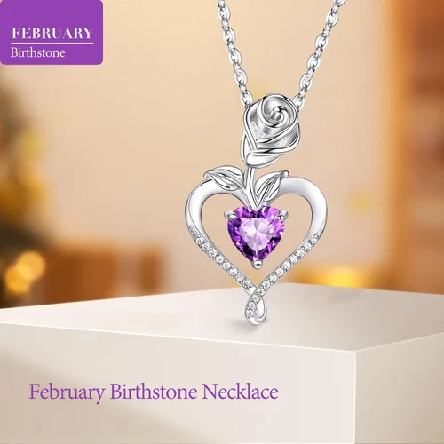 Vista 4 de Collares de piedra natal para mujer, a la moda, collar con colgante de corazón de flor de rosa de plata de ley 925, chapado en oro blanco de 14