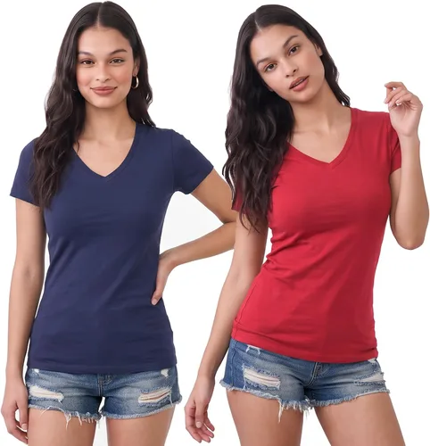 Vista 192 de Emmalise Camiseta de manga corta para mujer, cuello en V, tallas junior y plus