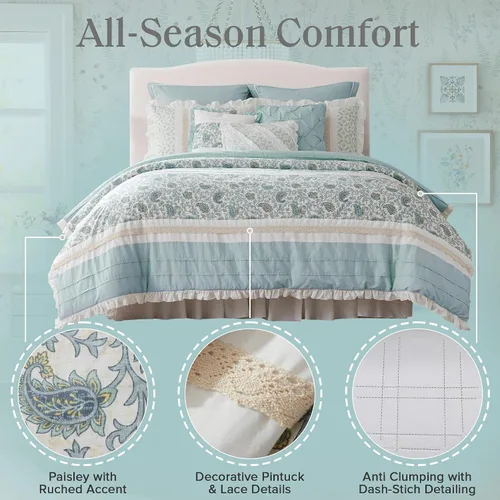 Vista 4 de Madison Park - Juego de edredón Dawn, 100% algodón, tipo Shabby Chic, diseño moderno rústico, ropa de cama para todas las estaciones, fundas a Aqua