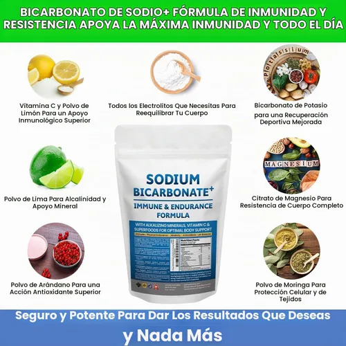Vista 7 de Bicarbonato de sodio + fórmula inmune y de resistencia con bicarbonato de sodio sin aluminio, potasio, magnesio, VIT C y superalimentos. Polvo