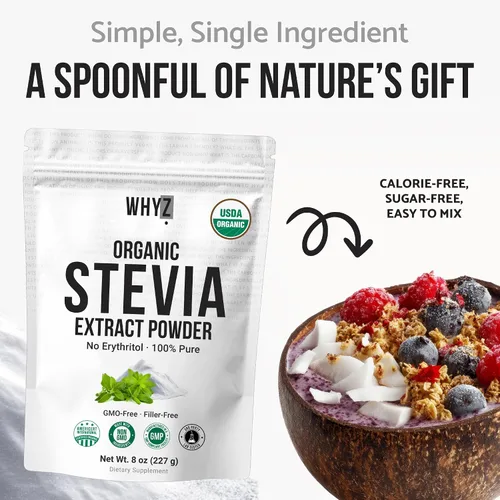 Vista 5 de Polvo de stevia orgánico, 8.01 oz, edulcorante puro de stevia sin calorías para bebidas, polvo para hornear y bebidas, sin regusto, sin OMG