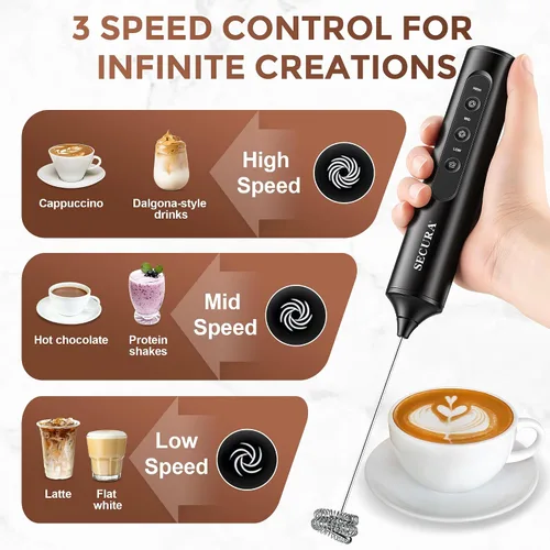 Vista 3 de Secura Rechargeable Handheld Milk Frother with 3 Speeds, 3 Whisks and Case