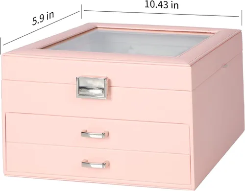 Vista 2 de DQUTAR Joyero con tapa de cristal caja organizadora de joyas de piel sintética de 3 capas con 2 cajones joyero para mujeres y niñas caja de joyería