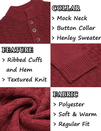 Vista 5 de COOFANDY Suéter de cuello alto falso para hombre, suéteres de punto casuales, suéter Henley de moda