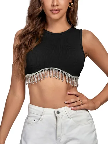 Vista 5 de Rooscier Camiseta corta sin mangas con diamantes de imitación acanalados para mujer