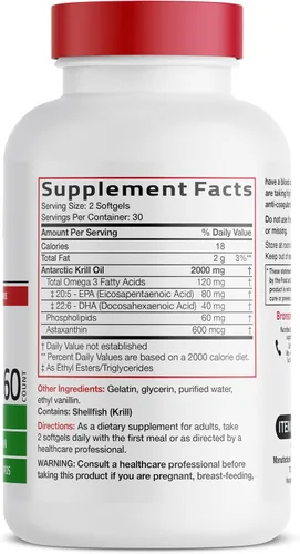 Vista 2 de Bronson Antarctic Krill Oil 2000mg with Omega-3s EPA, DHA, Astaxanthin and Phospholipids 60 Softgels