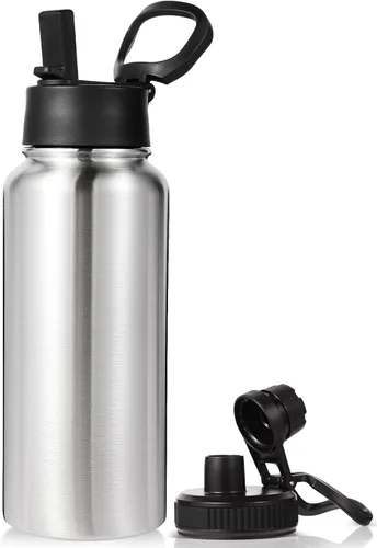 Vista 46 de Neihepal Botella de agua aislada de 32 onzas con 2 tapas (tapa con pajilla y boquilla), botellas de agua de doble pared de acero inoxidable 18/8