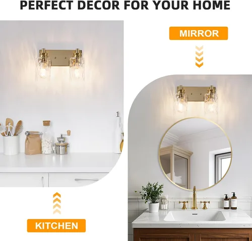 Vista 7 de Accesorios de lámpara de tocador de baño de 2 luces, moderna lámpara de baño dorada cepillada sobre espejo con pantalla de vidrio martillado