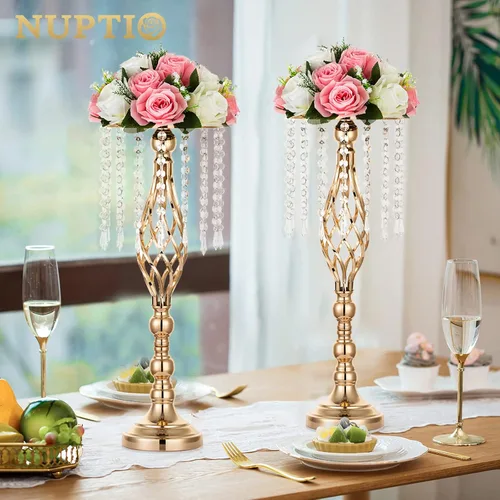 Vista 2 de Nuptio 2 piezas de soporte de flores de cristal para mesas, 21.7 pulgadas de alto, elegante soporte de metal para arreglos florales, florero