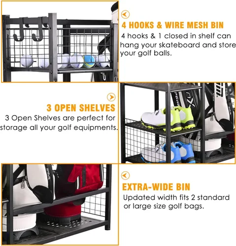 Vista 3 de Golf Bag Garage Storage Organizer Extra Large Size Golfs Bag Rack Stand Holder Negro (para 2 bolsas de golf)
