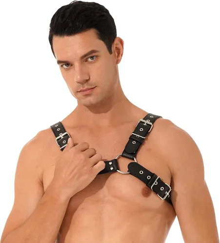 Vista 2 de CHICTRY Arnés de cuero ajustable gótico para hombre, correa para el pecho, cinturón, disfraz, club