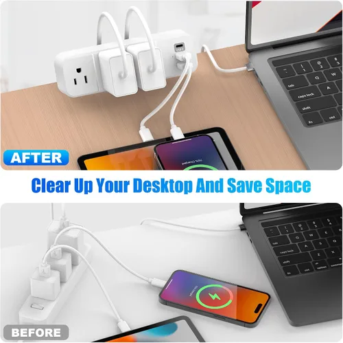 Vista 5 de Regleta de alimentación con abrazadera de escritorio con 2 puertos USB-A y 1 USB-C, 3 salidas de CA, cable de 6 pies, se adapta a borde de mesa