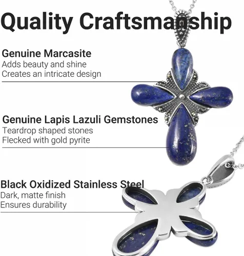 Vista 3 de Shop LC - Collar con colgante de cruz de lapislázuli - Collar de cruz de lapislázuli azul y marcasita en acero inoxidable negro de tamaño óxido