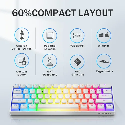 Vista 2 de Tezarre Teclado mecánico para juegos TK61 60 Hotswap con teclas PBT Puddin con retroiluminación RGB USB teclas completas programables para jugadores
