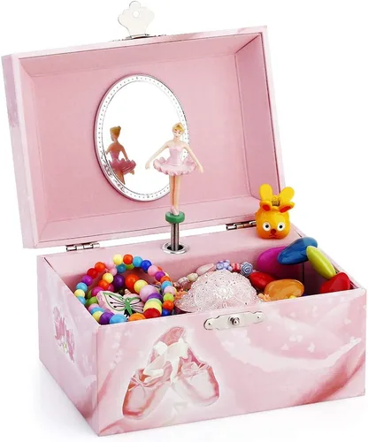 Vista 5 de RR ROUND RICH DESIGN Joyero musical infantil para niñas y conjunto de joyas con tema de bailarina color rosa cisne
