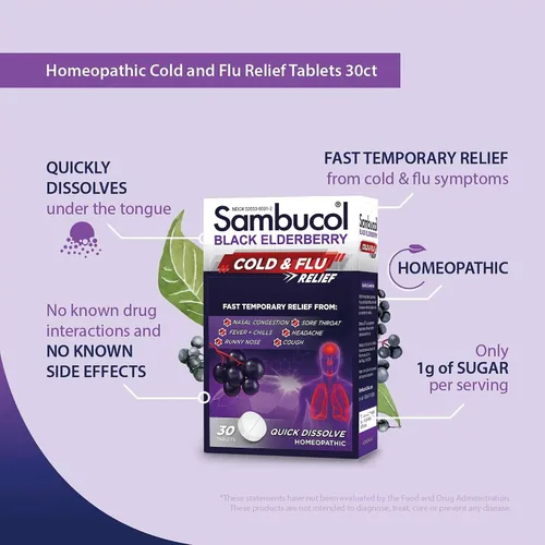 Vista 5 de Sambucol Tabletas para aliviar el resfriado y la gripe, medicina homeopática para el resfriado, remedio para adultos, saúco negro para resfriados