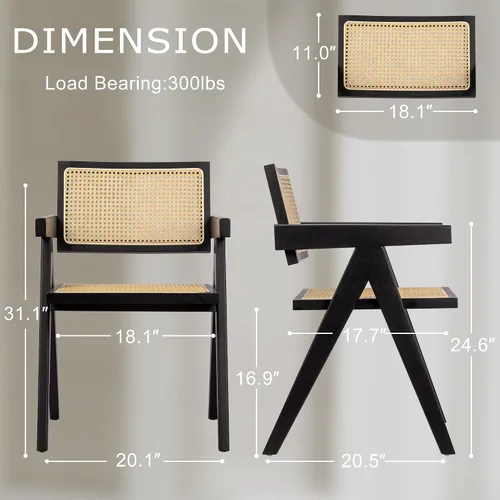 Vista 2 de Juego de 2 sillas de comedor de ratán, sillas de cocina de mimbre para comedor, negro