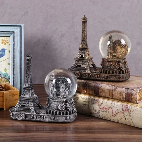 Vista 5 de Rueda de la fortuna antigua, coleccionable de globos de nieve, estatua de la torre Eiffel de París Francia, centro de mesa, decoración de escritorio