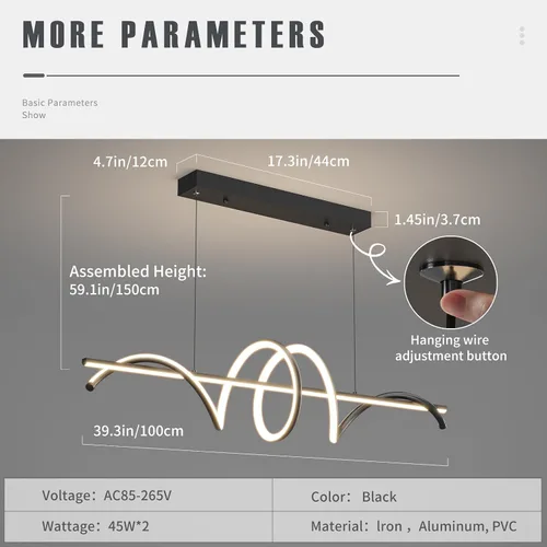 Vista 4 de Candelabros LED modernos para comedor, regulables, 3000 K ~ 6500 K, control remoto, luces colgantes negras en forma de espiral, 50 W, luces