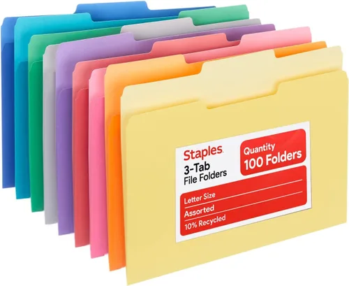 Vista 16 de Staples Carpetas de archivos de colores, tamaño carta, diseño de pestaña superior de 3 pestañas, papel duradero de 10.5 puntos, paquete de 100