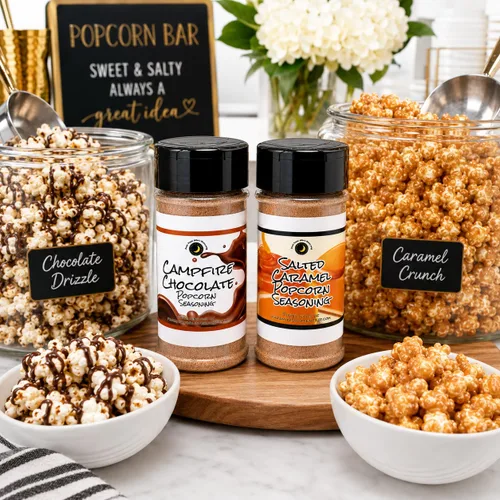 Vista 6 de Premium Paquete de 2 condimentos para palomitas dulces Chocolate y caramelo! Dúo de condimentos de palomitas dulces con sabores Campfire