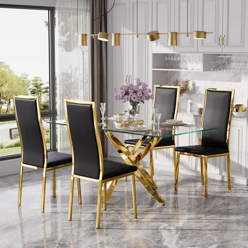 Vista 37 de Juego de mesa de comedor de cristal dorado moderno de 63 pulgadas para 6, juego de mesa de cocina rectangular de 7 piezas con patas de acero Negro