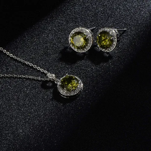 Vista 5 de Juego de joyas de cristal para novia, plata de ley, circonita cúbica redonda, circonita cúbica, diamantes de imitación, halo de piedra natal, collar