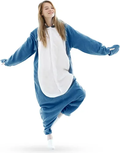 Vista 7 de Pijama de tiburón para adulto Disfraz de tiburón para cosplay, diseño de pierna abierta no afecta a caminar, franela súper suave y acogedora (XXL)