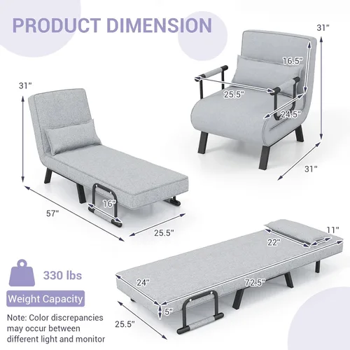 Vista 4 de MAT EXPERT Silla convertible con almohada, silla plegable moderna 4 en 1 con respaldo ajustable de 6 niveles, sofá cama individual cómodo para sala