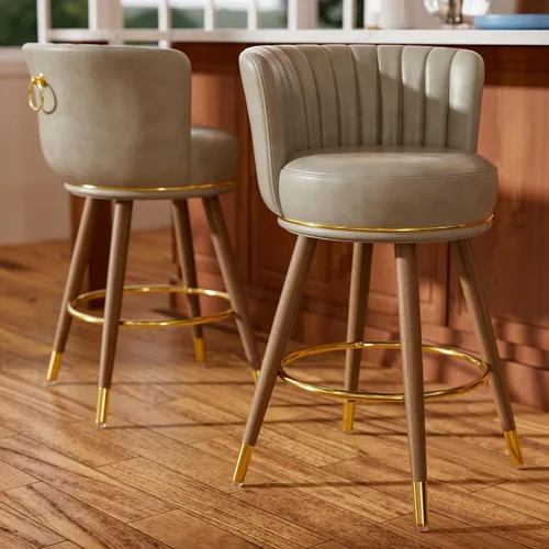 Vista 11 de SeekFancy - Juego de 2 taburetes de bar giratorios de cuero negro de 24 pulgadas Upholstered pleated backs, wood legs, gold footrests, 300lbs