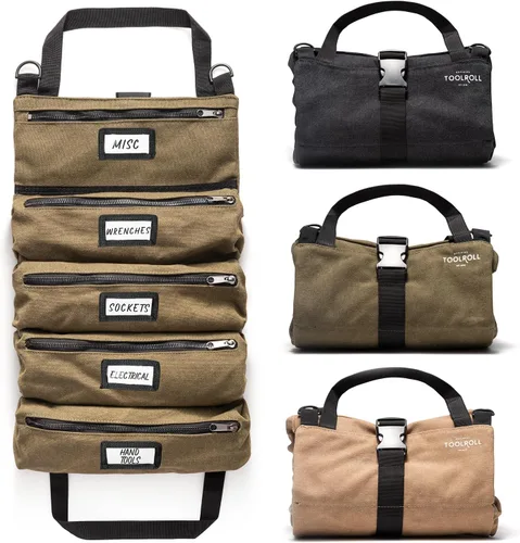 Vista 13 de Bolsa enrollable de herramientas oficial Voyager – Bolsa enrollable de 5 bolsillos fácil de transportar – Lona duradera de 20 onzas, cremalleras YKK