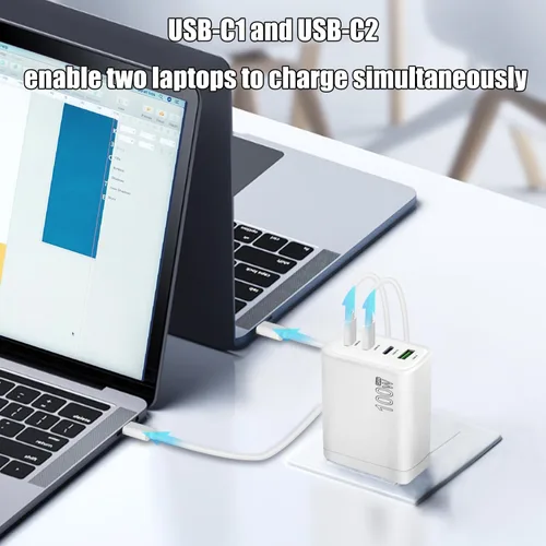 Vista 4 de Cargador USB C de 100 W, adaptador de corriente USB PD de 4 puertos, cargador USB C GaN, estación de carga rápida, compatible con Mac Book Pro/Air