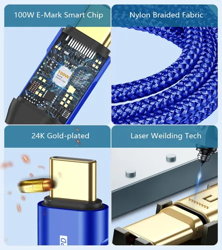 Vista 5 de Cable USB-C a USB-C de 6.6 pies PD 100 W iPhone 17 cargador 2 en 1 USB A/C a USB-C cable trenzado de nailon para iPhone 17 16 15 Pro Max Plus iPad