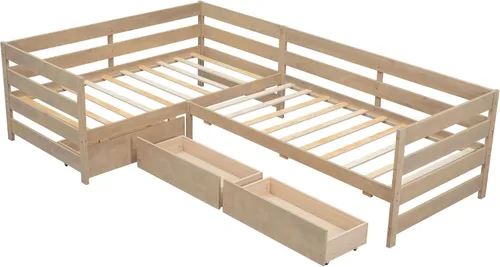 Vista 5 de Cama de plataforma de tamaño individual, cama individual en forma de L con tres cajones de almacenamiento, natural