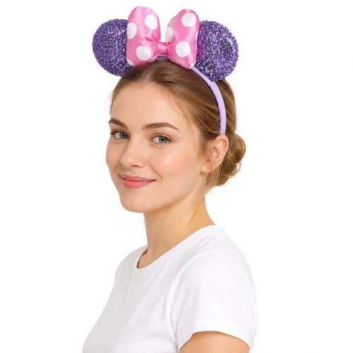 Vista 11 de Diadema de terciopelo con orejas de ratón con lazo de algodón 3D, banda para el pelo de moda para mujeres y niñas (algodón 3D rosa)