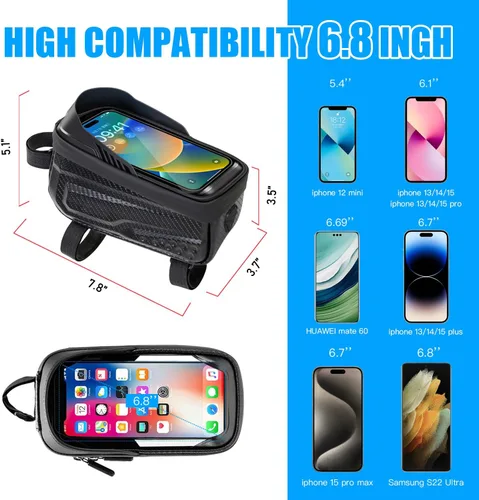 Vista 6 de Bolsa impermeable para bicicleta, correa de extensión larga, bolsa para tubo superior de menos de 6.9 pulgadas, gran capacidad, compatible