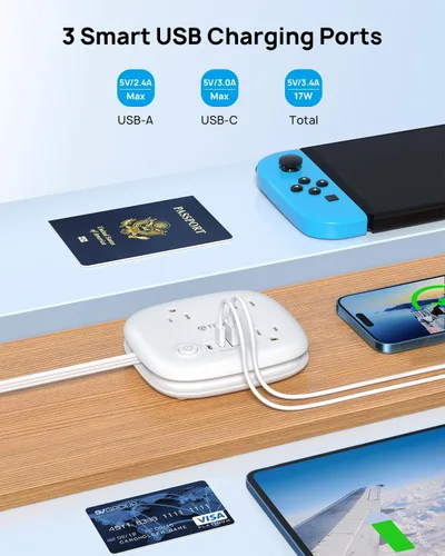 Vista 6 de TROND Cable de extensión corto – Regleta de alimentación de enchufe plano con 3 salidas de CA y 2 puertos USB C y 1 USB A, regleta de alimentación