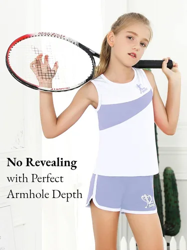 Vista 3 de Girls Shorts Sets Kids Summer 2 Piece Outfits Clothes Tennis Running Tank Top Shirts Dolphin Shorts
