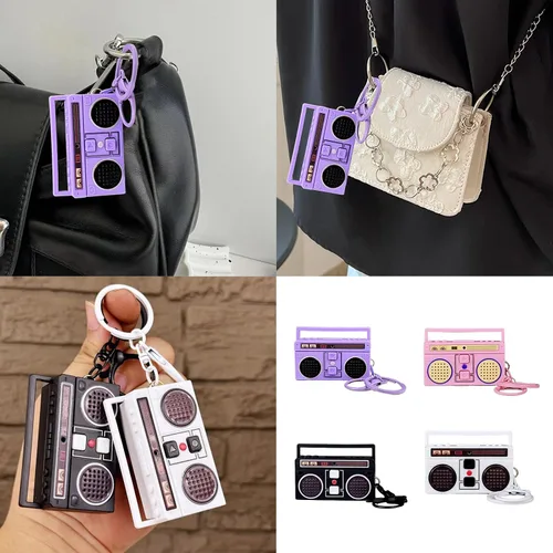 Vista 2 de Moda retro forma de radio llavero bolsa colgante nostálgico cinta grabadora colgantes artesanía pequeños altavoces llavero chica