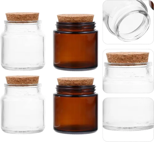 Vista 7 de Tarros de vela de vidrio con tapas de corcho, 4 unidades, 3.4 fl oz, recipientes de velas perfumadas vacíos redondos, tazas de té, soporte
