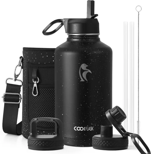 Vista 107 de Coolflask Botella de agua de 20 onzas aislada con pajilla, 3 tapas de metal de acero inoxidable, botella de agua de boca ancha para deportes u